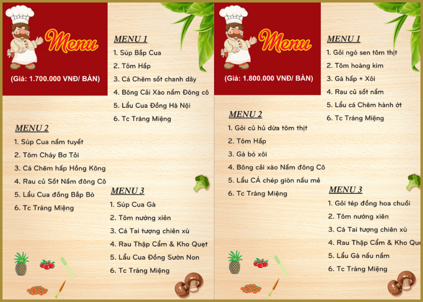 Thực đơn nấu tiệc tại Long Điền từ 2XU